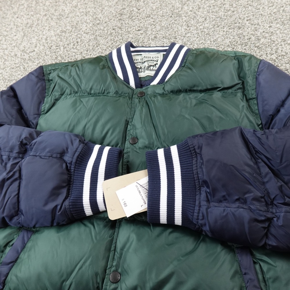 NEW Levis Jacket Mens L Green Blue Puffer Coat Varsity Bomber Quilted Insulated